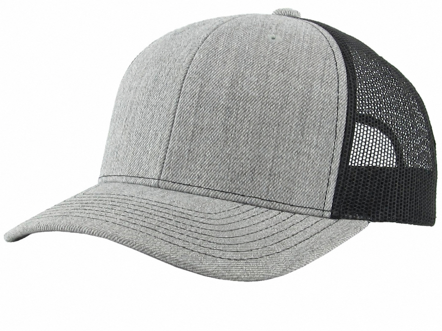 Heather Light Gray / Black 6-panel mesh trucker front view